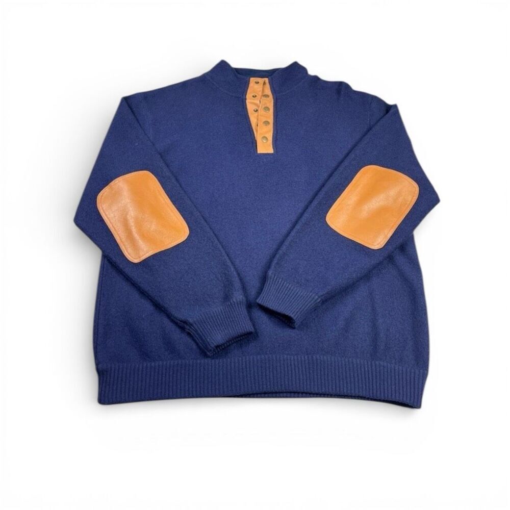 Orvis Mens 1/4 Snap Button Wool Sweater Blue Faux Leather Trim Rugged Pullover L